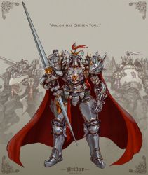 Rule 34 | blue eyes, cape, commentary, double-blade, emerson tung, english commentary, english text, fantasy, flag, glowing, glowing eyes, highres, holding, holding lance, holding polearm, holding weapon, horns, knight, lance, looking ahead, looking at viewer, looking up, mecha, no humans, open hand, original, polearm, red cape, robot, science fiction, single horn, weapon