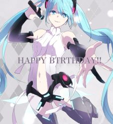 Rule 34 | 1girl, aqua eyes, aqua hair, argyle, argyle background, argyle clothes, bad id, bad pixiv id, bridal gauntlets, center opening, happy birthday, hatsune miku, hatsune miku (append), long hair, microphone, necktie, or i, outstretched arm, pinky out, solo, thighhighs, twintails, very long hair, vocaloid, vocaloid append