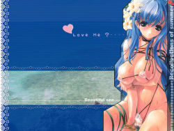 Rule 34 | 1girl, artist request, bikini, blue hair, breasts, character request, copyright request, english text, flower, hibiscus, pussy, see-through, solo, string bikini, tagme, wallpaper