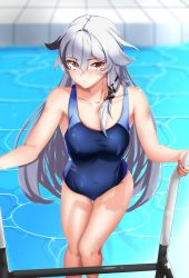 Rule 34 | 1girl, absurdres, breasts, closed mouth, competition swimsuit, fu hua, fu hua (herrscher of sentience), hair between eyes, highres, honkai (series), honkai impact 3rd, lion space, long hair, looking at viewer, multicolored hair, nail polish, one-piece swimsuit, pool, red eyes, red nails, small breasts, solo, streaked hair, swimsuit, water, white hair
