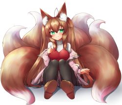 Rule 34 | 1girl, absurdres, animal ear fluff, animal ears, blush, breasts, brown footwear, closed mouth, commentary, commission, english commentary, fox ears, fox tail, green eyes, grey skirt, highres, jacket, klaius, large breasts, long hair, long sleeves, looking at viewer, multiple tails, off shoulder, open clothes, open jacket, original, pigeon-toed, pink jacket, plushmallow, red vest, simple background, sitting, skirt, smile, solo, straight-on, tail, very long hair, vest, white background