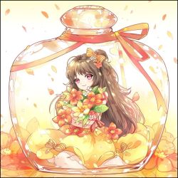 Rule 34 | 1girl, bad id, bad pixiv id, bottle, bouquet, bow, brown hair, dress, flower, fluffy, hair flower, hair ornament, in bottle, in container, light smile, misora (crnr8777), original, petals, pink eyes, red ribbon, ribbon, sitting, solo, wariza, yellow bow, yellow dress, yellow theme