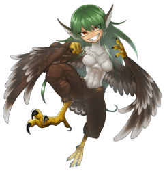 Rule 34 | 1girl, bad id, bad pixiv id, feathered wings, feathers, green hair, grin, harpy, long hair, monster girl, original, simple background, smile, solo, spacezin, very long hair, white background, winged arms, wings