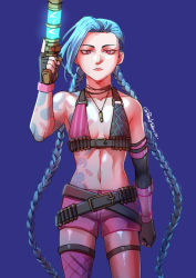 Rule 34 | 1girl, arcane: league of legends, arm tattoo, bare shoulders, belt, black nails, blue background, blue hair, braid, breasts, brown belt, closed mouth, cloud tattoo, collarbone, female focus, fingerless gloves, gloves, gun, hand up, highres, holding, holding gun, holding weapon, jewelry, jinx (league of legends), league of legends, long hair, looking at viewer, mokouze, nail polish, navel, necklace, pink eyes, pink shorts, shell casing, shiny skin, shorts, simple background, small breasts, solo, stomach, tattoo, thighhighs, twin braids, upper body, weapon