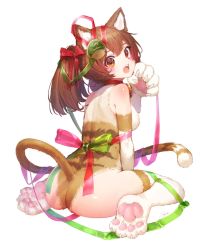 Rule 34 | 1girl, 1up, animal ears, ass, back, bare shoulders, bell, blush, body fur, breasts, brown eyes, brown hair, cat ears, cat tail, claws, collar, cursive, english text, food-themed hair ornament, from behind, full body, furry, furry female, green ribbon, hair between eyes, hair ornament, hair ribbon, hand up, head tilt, highres, jingle bell, looking at viewer, looking back, mario (series), medium breasts, medium hair, merry christmas, mushroom hair ornament, neck bell, nintendo, on floor, open mouth, original, paw pose, red collar, red ribbon, ribbon, ryota (ry o ta), see-through, shiny skin, shoulder blades, signature, simple background, sitting, solo, tail, twintails, wariza, when you see it, white background