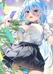Rule 34 | 1girl, black bow, black skirt, blue bra, blue eyes, blue hair, blue panties, blurry, blurry background, blush, bow, bow panties, bra, breasts, chihiro (khorosho), cleavage, collared shirt, commentary request, depth of field, dress shirt, hair between eyes, holding, long hair, medium breasts, motion blur, open bra, open clothes, open mouth, open shirt, original, panties, pleated skirt, popped button, school uniform, shirt, skirt, solo, sweat, tanabata, tanzaku, translation request, underwear, unlikely accident, very long hair, wavy mouth, white shirt