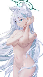 Rule 34 | 1girl, aesice, ahoge, animal ear fluff, animal ears, blue archive, blue eyes, breasts, completely nude, cross hair ornament, grey hair, hair between eyes, hair censor, hair ornament, halo, highres, large breasts, long hair, navel, nude, shiroko (blue archive), shiroko terror (blue archive), simple background, solo, stomach, very long hair, white background