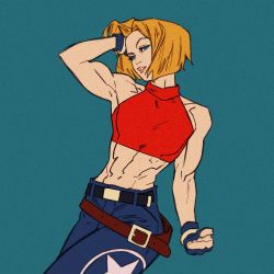 Rule 34 | 1girl, abs, baggy pants, bare shoulders, belt, biceps, blonde hair, blue background, blue eyes, blue mary, bob cut, bracelet, cowboy shot, crop top, fatal fury, fingerless gloves, gloves, hand in own hair, jewelry, kris anka, looking at viewer, midriff, multiple belts, muscular, muscular female, pants, short hair, solo, the king of fighters, toned