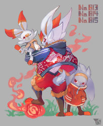 Rule 34 | cinderace, clothed pokemon, coat, commentary request, creatures (company), evolutionary line, fire, furry, game freak, gen 8 pokemon, grass, hands in pockets, long sleeves, looking back, nintendo, open mouth, pokedex number, pokemon, pokemon (creature), rabbit, raboot, red eyes, scorbunny, smile, standing, teeth, yoshiya (ina ba ya)