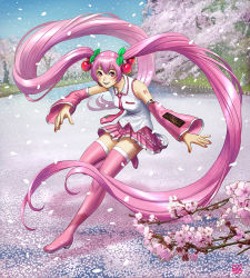 Rule 34 | 1girl, alternate color, blue sky, boots, cherry blossoms, cherry hair ornament, collared shirt, detached sleeves, floating hair, flower, food-themed hair ornament, full body, hair ornament, hatsune miku, long hair, long sleeves, looking at viewer, matataku, nail polish, necktie, outdoors, parted lips, petals, pink eyes, pink flower, pink footwear, pink nails, pink necktie, pink skirt, pink sleeves, plant, pleated skirt, sakura miku, shadow, shirt, skirt, sky, sleeveless, sleeveless shirt, smile, solo, standing, thigh boots, thighhighs, tree, twintails, very long hair, vocaloid, white shirt