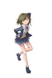 Rule 34 | 1girl, absurdres, arm up, blazer, blue footwear, blue skirt, collared shirt, commentary request, green eyes, green hair, hand on own hip, hand on own head, highres, jacket, loafers, neck ribbon, nogi wakaba wa yuusha de aru, open jacket, open clothes, open jacket, pink ribbon, pleated skirt, ribbon, sakuria, school uniform, shiratori utano, shirt, shoes, simple background, skirt, solo, standing, standing on one leg, sweater vest, white background, white shirt, wing collar, yuusha de aru