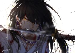 Rule 34 | 1boy, bead necklace, beads, black hair, blood, blood on clothes, blood on face, blue eyes, fangs, glint, heterochromia, highres, inuyasha, inuyasha (character), jewelry, katana, long hair, looking at viewer, male focus, motobi (mtb umk), mouth hold, necklace, portrait, robe, slit pupils, solo, sweat, sword, teeth hold, twitter username, weapon, white background, yellow eyes