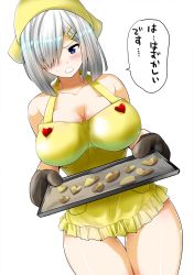 Rule 34 | 10s, 1girl, apron, bare shoulders, blue eyes, blush, breasts, cleavage, cookie, curvy, food, hair ornament, hair over one eye, hairclip, hamakaze (kancolle), head scarf, kantai collection, large breasts, naked apron, oven mitts, parted lips, perepere-kun, short hair, silver hair, simple background, solo, thigh gap, translated, tray, white background, wide hips
