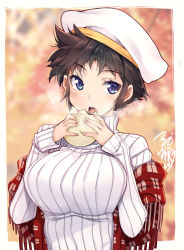 Rule 34 | 1girl, artist name, baozi, beret, black hair, blue eyes, blush, breasts, dated, eating, food, hat, large breasts, open mouth, original, ribbed sweater, school uniform, shawl, short hair, signature, sleeves past wrists, solo, sweater, teeth, tsurugi hagane, upper body, white sweater