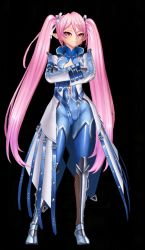 Rule 34 | 1girl, 3d, action taimanin, alternate hairstyle, bodysuit, boots, cosplay, demon girl, felicia (taimanin kurenai), highres, lilith-soft, long hair, long twintails, looking to the side, official alternate costume, pink bodysuit, pink hair, pointy ears, red eyes, shinganji kurenai (cosplay), shiny skin, skin tight, smile, solo, standing, taimanin (series), taimanin kurenai, taimanin rpgx, taimanin suit, talking, twintails, very long hair