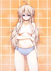 Rule 34 | 1girl, :&lt;, against wall, ahoge, arm at side, ass, blush, breasts, breasts apart, brown eyes, brown hair, closed mouth, collarbone, colored eyelashes, eron, groin, hair between eyes, hair censor, highres, large breasts, long hair, looking at viewer, messy hair, navel, nose blush, original, panties, purple eyes, solo, standing, steam, striped clothes, striped panties, tile wall, tiles, topless, two side up, underwear, very long hair, wet, wet hair