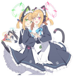 Rule 34 | 4girls, absurdly long hair, animal ear headphones, animal ears, apron, aris (blue archive), aris (maid) (blue archive), black dress, black hair, blonde hair, blue archive, blush, cat tail, closed eyes, dress, fake animal ears, fingernails, flying sweatdrops, frilled apron, frilled dress, frills, game development department (blue archive), green eyes, green halo, halo, headphones, highres, long hair, long sleeves, maid, maid apron, maid headdress, midori (blue archive), midori (maid) (blue archive), momoi (blue archive), momoi (maid) (blue archive), multiple girls, official alternate costume, open mouth, orange halo, pantyhose, pink halo, ponytail, puffy long sleeves, puffy sleeves, red eyes, red hair, satou kibi, short hair, siblings, simple background, sisters, smile, tail, twins, very long hair, white apron, white background, white pantyhose, yuzu (blue archive), yuzu (maid) (blue archive)