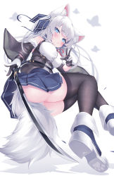 Rule 34 | 1girl, absurdres, animal ear fluff, animal ears, ass, black thighhighs, blue skirt, boots, breasts, commentary request, detached sleeves, fox ears, fox girl, fox tail, gloves, highres, konagi (konotuki), large breasts, long hair, miniskirt, original, panties, paw print, shirt, skirt, sleeveless, sleeveless shirt, solo, sword, tail, thighhighs, underwear, weapon, white hair, white panties, zettai ryouiki