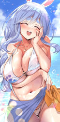 Rule 34 | 1girl, animal ear fluff, animal ears, bikini, blue hair, blue sarong, blush, braid, breasts, closed eyes, highres, hololive, jewelry, large breasts, long hair, looking at viewer, mature female, mizuno kurage, multicolored hair, open mouth, pekomama, rabbit ears, rabbit girl, ring, sarong, short eyebrows, smile, solo, swimsuit, thick eyebrows, thighs, thong bikini, two-tone hair, virtual youtuber, wedding ring, wet, wet clothes, white hair