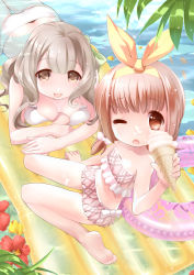 Rule 34 | 2girls, :d, ;o, bad id, bad pixiv id, barefoot, between breasts, bikini, blonde hair, blush, breasts, brown eyes, brown hair, feet, flower, food, food on face, hibiscus, highres, ice cream, ice cream cone, ice cream on face, inflatable raft, innertube, long hair, medium breasts, multiple girls, one eye closed, open mouth, orange eyes, original, rin2008, short hair, sitting, small breasts, smile, soles, swim ring, swimsuit, toes, tongue, wariza, water, wink
