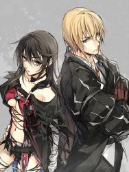 Rule 34 | absurdly long hair, bandages, bandaged arm, bandages, black coat, black hair, blonde hair, blue eyes, braid, breasts, choker, cleavage, coat, eizen (tales), gloves, grey background, long hair, looking at viewer, md5 mismatch, revealing clothes, tales of (series), tales of berseria, underboob, velvet crowe, very long hair, yellow eyes