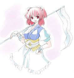Rule 34 | 1girl, :d, cropped legs, female focus, japanese clothes, kimono, looking at viewer, obi, onozuka komachi, open mouth, pink background, puffy short sleeves, puffy sleeves, red eyes, red hair, sash, scythe, seo tatsuya, short sleeves, simple background, smile, solo, standing, touhou