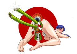 Rule 34 | 1girl, all fours, anal, anal object insertion, ass, bamboo, bdsm, black eyes, blue hair, blush, breast press, breasts, censored, double penetration, earrings, enema, feet, folding fan, hand fan, jewelry, katsuragi misato, large breasts, legs, long hair, looking back, multiple penetration, neon genesis evangelion, nude, object insertion, open mouth, pointless censoring, pussy, renko (gayosiz), rope, shimenawa, simple background, soles, solo, thighs, toes, top-down bottom-up, vaginal, vaginal object insertion, water