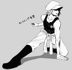 Rule 34 | 1boy, boots, fighting stance, full body, hat, heart pirates, jumpsuit, male focus, monochrome, one piece, shachi (one piece), solo, squatting, sunglasses, takuhe 0410, tank top, tattoo