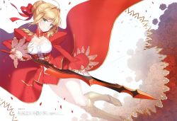 Rule 34 | 1girl, absurdres, aestus estus, armor, blonde hair, braid, breasts, cleavage, cleavage cutout, closed mouth, clothing cutout, dress, fate/extra, fate (series), fire, french braid, full body, greaves, green eyes, hair ribbon, highres, holding, holding sword, holding weapon, juliet sleeves, large breasts, long sleeves, looking at viewer, masuishi kinoto, nero claudius (fate), nero claudius (fate) (all), nero claudius (fate/extra), puffy sleeves, red dress, red ribbon, ribbon, scan, see-through, sidelocks, simple background, smile, solo, sword, weapon, white background