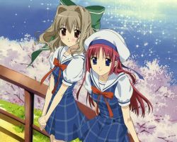 Rule 34 | 00s, 2girls, against fence, aisia, arm support, beret, blue eyes, blush, bow, bowtie, cherry blossoms, da capo, da capo i, da capo second season, day, dress, embarrassed, fence, flat chest, grass, grey hair, hair between eyes, hair bow, hair intakes, hair ornament, hairclip, hat, long hair, looking at viewer, megami magazine, multiple girls, nature, non-web source, ocean, official art, open mouth, outdoors, own hands together, parted bangs, plaid, plaid dress, pleated skirt, red eyes, red hair, sailor dress, scan, school uniform, serafuku, shirakawa kotori, short hair, sitting, skirt, smile, sparkle, standing, takashina yuka, tree, water, wavy hair, wooden fence