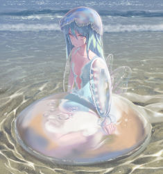 Rule 34 | 1girl, blue hair, brown eyes, collarbone, detached sleeves, expressionless, jellyfish, jellyfish girl, long sleeves, moai (aoh), on ground, original, personification, sitting, solo, water, waves, wet