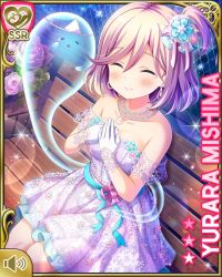 Rule 34 | 1girl, anniversary, bare legs, bare shoulders, bench, blonde hair, blue bow, bow, card (medium), chain-link fence, closed eyes, closed mouth, dress, fence, frilled dress, frills, ghost, girlfriend (kari), grey eyes, jewelry, mishima yurara, night, official art, outdoors, pink bow, qp:flapper, rooftop, school, short hair, side ponytail, sitting, slippers, smile, solo, tagme, white dress, wooden bench