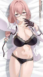 1girl arm_up bed_sheet black_bra black_gloves black_panties bra breasts cleavage collarbone commission cowboy_shot glasses gloves highres large_breasts long_hair looking_at_viewer lying mzrz navel on_back open_clothes open_shirt panties parted_lips pink_eyes pink_hair ring_hair_ornament shadow shirt smile solo stomach thighs tsukishiro_yanagi underwear white_shirt zenless_zone_zero