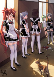 Rule 34 | 5girls, ahoge, animal ears, apron, artist name, bare legs, barefoot, black dress, black footwear, blush, bottle, bow, bowtie, broken glass, brown hair, cat, cat ears, chinese commentary, cigarette, commentary request, cup, dress, drinking glass, eyepatch, feiqizi (fkey), fkey, from behind, from side, full body, garter straps, glass, gloves, green hair, grey eyes, grey legwear, grey skirt, hair ornament, highres, indoors, long hair, long sleeves, looking at another, maid, maid apron, mary janes, mouth hold, multiple girls, neck ribbon, no pants, original, petticoat, ponytail, profile, puffy short sleeves, puffy sleeves, red bow, red eyes, red hair, red neckwear, ribbon, scabbard, shadow, sheath, sheathed, shirt, shoes, short dress, short hair, short sleeves, signature, silver hair, skirt, standing, sword, thighhighs, thighs, tray, twintails, v arms, very long hair, weapon, white apron, white gloves, white shirt, wide sleeves, window, wine bottle, wing collar, yellow ribbon, zettai ryouiki