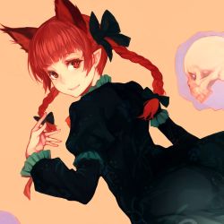 Rule 34 | 1girl, :d, animal ears, black bow, black dress, blunt bangs, bow, braid, cat ears, dress, dutch angle, fang, gothic lolita, hair bow, hair ribbon, highres, kaenbyou rin, layered sleeves, lolita fashion, long hair, long sleeves, looking at viewer, looking back, open mouth, orange background, pointy ears, puffy short sleeves, puffy sleeves, red eyes, red hair, ribbon, short over long sleeves, short sleeves, simple background, skull, smile, solo, touhou, tress ribbon, twin braids