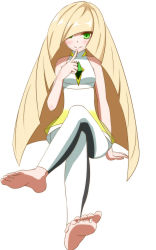 Rule 34 | 1girl, barefoot, blonde hair, breasts, creatures (company), crossed legs, dress, feet, female focus, game freak, green eyes, highres, long hair, looking at viewer, lusamine (pokemon), mature female, nintendo, ouka753, pokemon, pokemon sm, sitting, smile, soles, solo, toes, very long hair