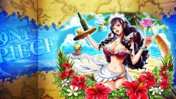 Rule 34 | 1girl, baby 5, beach, bikini, black hair, blonde hair, bottle, breasts, cloud, cocktail, donquixote doflamingo, female focus, flower, looking at viewer, navel, ocean, one piece, one piece treasure cruise, outdoors, plant, sky, solo, standing, swimsuit, tagme, tree, water