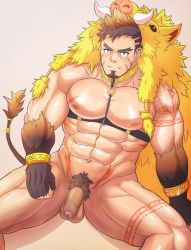 Rule 34 | 1boy, abs, absurdres, animal hood, bara, bare pectorals, boar boy, boar hood, boar tail, body fur, brown hair, chest harness, facial hair, facial mark, fang, flaccid, foreskin, forked eyebrows, frown, goatee, gullinbursti (housamo), harness, highres, hood, large pectorals, leg tattoo, long sideburns, looking at viewer, male focus, mature male, muscular, muscular male, navel, nipples, pectorals, penis, pubic tattoo, scar, scar on chest, short hair, sideburns, solo, spread legs, stomach, tattoo, thick thighs, thighs, tokyo houkago summoners, uiokv, uncensored
