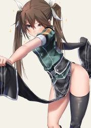 Rule 34 | + +, 1girl, black gloves, black thighhighs, blush, breasts, brown hair, closed mouth, commentary, dress, elbow gloves, gloves, grey background, hair between eyes, highres, holding, kantai collection, long hair, looking at viewer, no panties, pelvic curtain, ribbon, short sleeves, simple background, single elbow glove, single glove, single thighhigh, small breasts, solo, sparkle, thighhighs, thighs, tone (kancolle), tone kai ni (kancolle), twintails, white ribbon, yellow eyes, zombie mogura