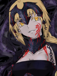Rule 34 | 1girl, blonde hair, braid, breasts, chain, cleavage, collarbone, colored eyelashes, cross, dark persona, evil smile, face, fate/apocrypha, fate/grand order, fate/zero, fate (series), headpiece, jeanne d&#039;arc alter (fate), jeanne d&#039;arc (fate), jeanne d&#039;arc (ruler) (fate), jewelry, kukurus, looking at viewer, neck ring, smile, tattoo, yellow eyes
