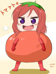 Rule 34 | abriel00, artist name, blush, boots, chibi, costume, full body, gloves, himouto! umaru-chan, love live!, love live! school idol project, nishikino maki, open mouth, parody, purple eyes, red footwear, red gloves, red hair, red legwear, solo, standing, steam, style parody, tomato costume