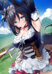 Rule 34 | absurdres, animal ears, armpits, arms up, black hair, black ribbon, blue eyes, blue sky, blush, bow, breasts, cbi cbi, choker, cleavage, closed mouth, cloud, commentary request, day, ear ribbon, eishin flash (umamusume), hair between eyes, highres, horse ears, horse girl, horse tail, large breasts, looking at viewer, outdoors, red choker, ribbon, short hair, sky, smile, tail, umamusume