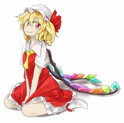 Rule 34 | 1girl, ascot, between legs, blonde hair, collarbone, fang, fang out, flandre scarlet, hand between legs, hat, looking at viewer, mob cap, no shoes, red eyes, red skirt, shadow, short hair, short sleeves, side ponytail, simple background, sitting, skirt, skirt set, smile, socks, solo, touhou, tyouseki, v arms, vest, wariza, white background, wings
