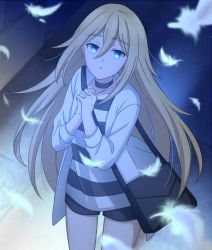 Rule 34 | 1girl, bad id, bad pixiv id, black bag, black shorts, blonde hair, blue eyes, blurry, blurry background, feathers, floating hair, hair between eyes, highres, jacket, long hair, long sleeves, looking at viewer, looking up, open clothes, open jacket, own hands clasped, own hands together, parted lips, rachel gardner, satsuriku no tenshi, shirt, short shorts, shorts, solo, standing, straight hair, striped, suamaro, very long hair, white feathers, white jacket