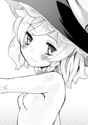 Rule 34 | 1girl, absurdres, blush, body blush, bow, braid, breasts, closed mouth, commentary request, completely nude, from side, greyscale, hair bow, hat, hat bow, head tilt, highres, kei jiei, kirisame marisa, looking at viewer, looking to the side, medium hair, monochrome, nipples, nude, petite, single braid, small breasts, smile, solo, touhou, upper body, witch hat