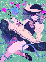 Rule 34 | 1girl, :d, bare shoulders, dress, eyeball, floral background, foot out of frame, green background, green eyes, green hair, hat, heart, heart-shaped pupils, holding, holding phone, kiui (kogane), komeiji koishi, long hair, looking at viewer, open mouth, phone, simple background, smile, solo, symbol-shaped pupils, thighs, third eye, touhou, yellow dress