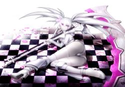 Rule 34 | 10s, 1girl, ass, black rock shooter, black rock shooter (game), boots, checkered floor, high heel boots, high heels, highres, lying, shoes, staff, twintails, unkai tenshi, white rock shooter