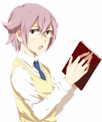 Rule 34 | 10s, 1boy, absurdres, aki (645451622), book, glasses, highres, inazuma eleven (series), inazuma eleven go, inazuma eleven go galaxy, looking at viewer, male focus, manabe jin&#039;ichirou, necktie, open mouth, simple background, solo, sweater vest, upper body, white background