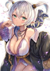 Rule 34 | 1girl, 1other, akami770, black jacket, blush, bodice, breasts, brushing hair, claws, cleavage, closed mouth, frills, gold trim, green eyes, hair between eyes, hair ornament, highres, jacket, jewelry, large breasts, lizard, lizard tail, looking at viewer, multiple heads, necklace, open clothes, panties, pantyshot, pleated skirt, pointy ears, purple skirt, scales, shadowverse, sharp teeth, short hair, simple background, skirt, solo focus, suzy (shadowverse), tail, tan, teeth, thighs, twintails, underwear, white background, white hair, wide sleeves