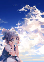Rule 34 | 1girl, bad id, bad pixiv id, blue dress, blue eyes, blue sky, bow, cirno, cloud, day, dress, food, hair bow, head rest, mouth hold, namie-kun, popsicle, puffy sleeves, shirt, short hair, short sleeves, sitting, sky, solo, touhou, wings